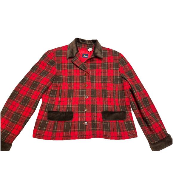 Liz Sport Women’s Vtg. Wool Blend Plaid Equestrian Blazer Jacket Red Sm. Velvet - Picture 1 of 8